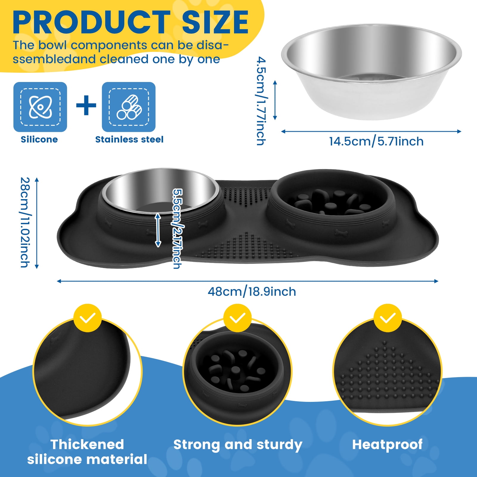 Slow Feeder Dog Bowl with Nonslip Silicone Mat Slow Eating Cat Bowl Detachable Slow Feeder and Water Bowl Set Dog Slow Feeding Bowl Stainless Steel Water Bowl for Dogs Cats
