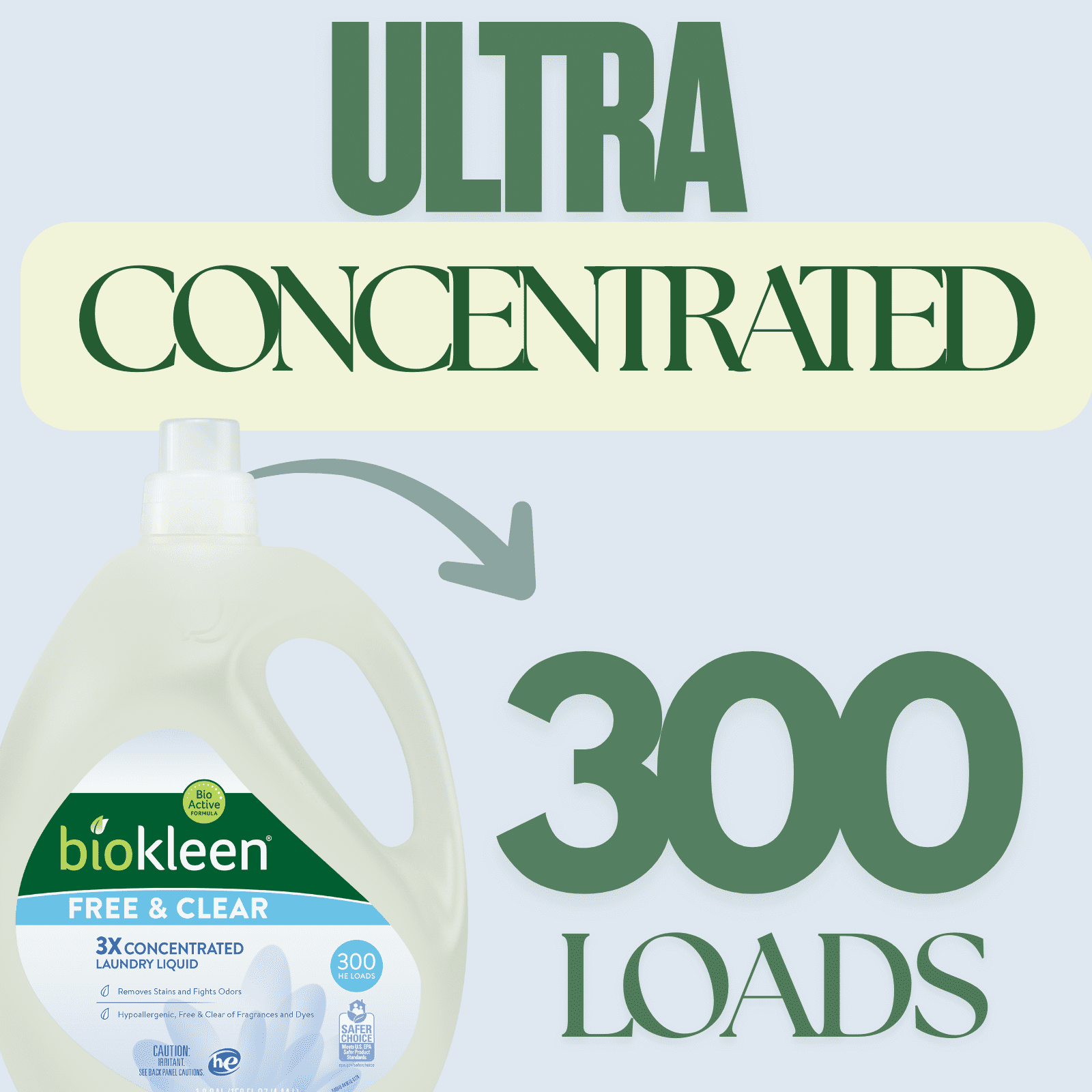 Biokleen Free & Clear Hypoallergenic Liquid Laundry Detergent Soap, Unscented, Gentle on Sensitive Skin - 300 Loads