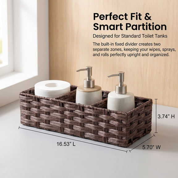 Toilet Tank Basket, Hand Woven Plastic Wicker Bin with Divider – Holds Paper, Supplies, Rustic Farmhouse Bathroom Decor