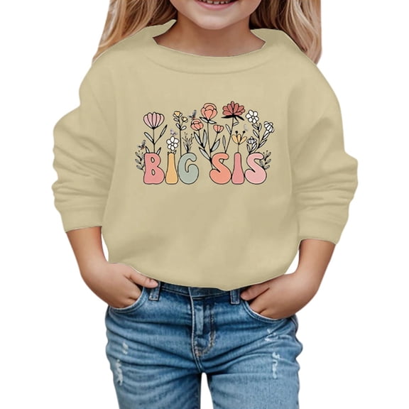 Bjutir Kids Big Sis Sweatshirts Girls Graphic Print Tops Crewneck Winter Long Sleeve Pullover Beauty Outdoor Wear, Size 3-10 Years, Beige