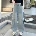 thumbnail image 2 of EnJoCho Girls Straight Leg Jeans Elastic High Waist Baggy Plain Cargo Denim Pants Side Large Pockets Teens Kids 𝖸𝟤𝖪 Streetwear Cargo Pants Trousers Jeans, 2 of 4