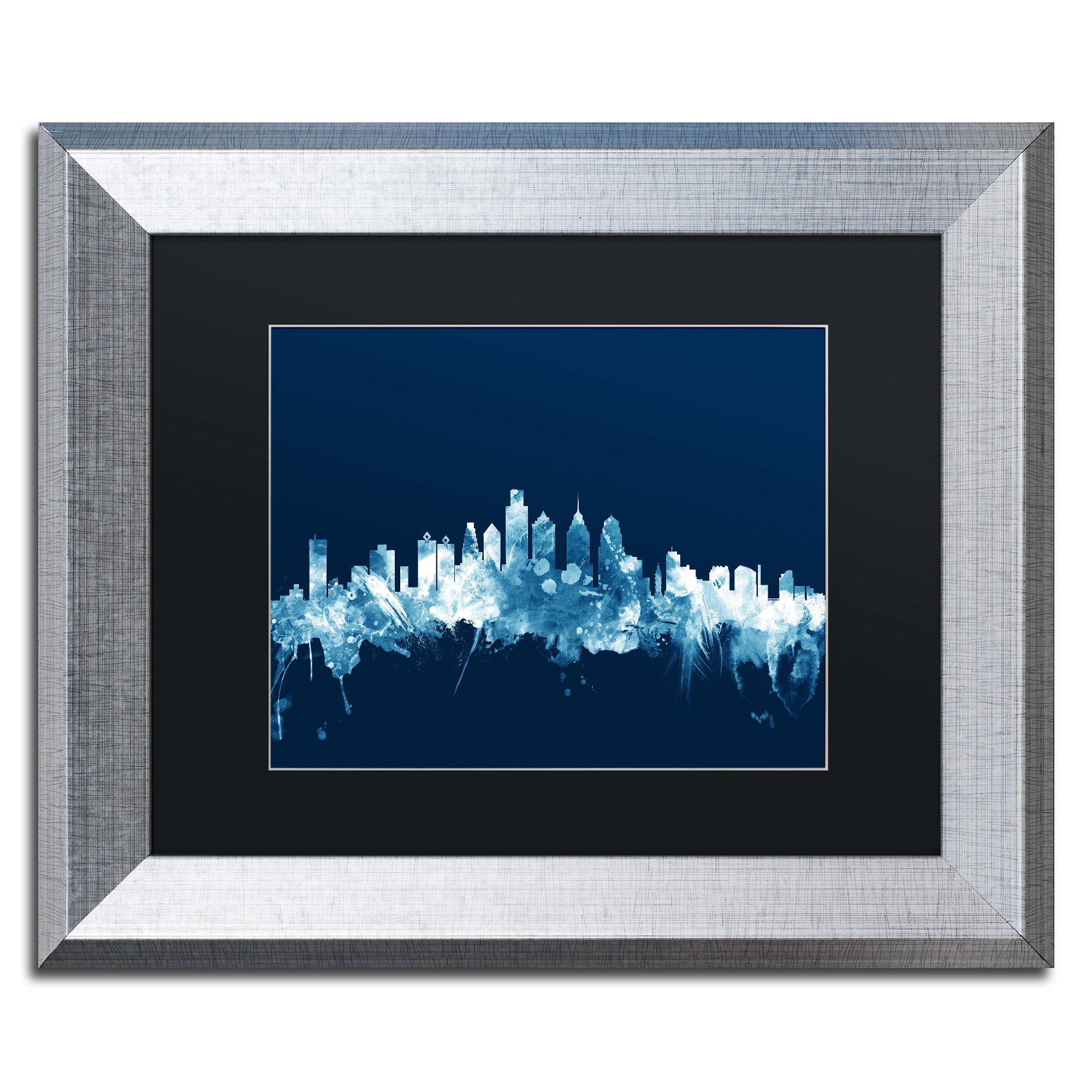 Trademark Fine Art "Philadelphia PA Skyline Navy" Canvas Art by Michael Tompsett, Black Matte, Silver Frame