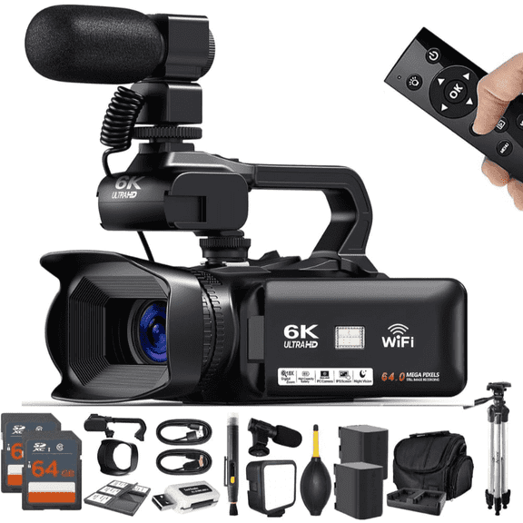 Acuvar 4K 64MP Video Camera Camcorder Vlogging Camera for YouTube 60FPS 18X Zoom Video Camera, WiFi, Webcam, External Mic, 2 64GB SD Cards, 50" Tripod, Case, Card Reader, Remote Control, Dual Charger