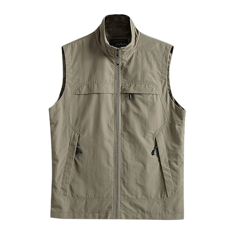 JNGSA Men's Outerwear Vests with Pockets Casual Outdoor Work Fishing Vest  Lightweight Travel Cargo Vest Jacket Quick-drying Loose Vest Khaki XL 