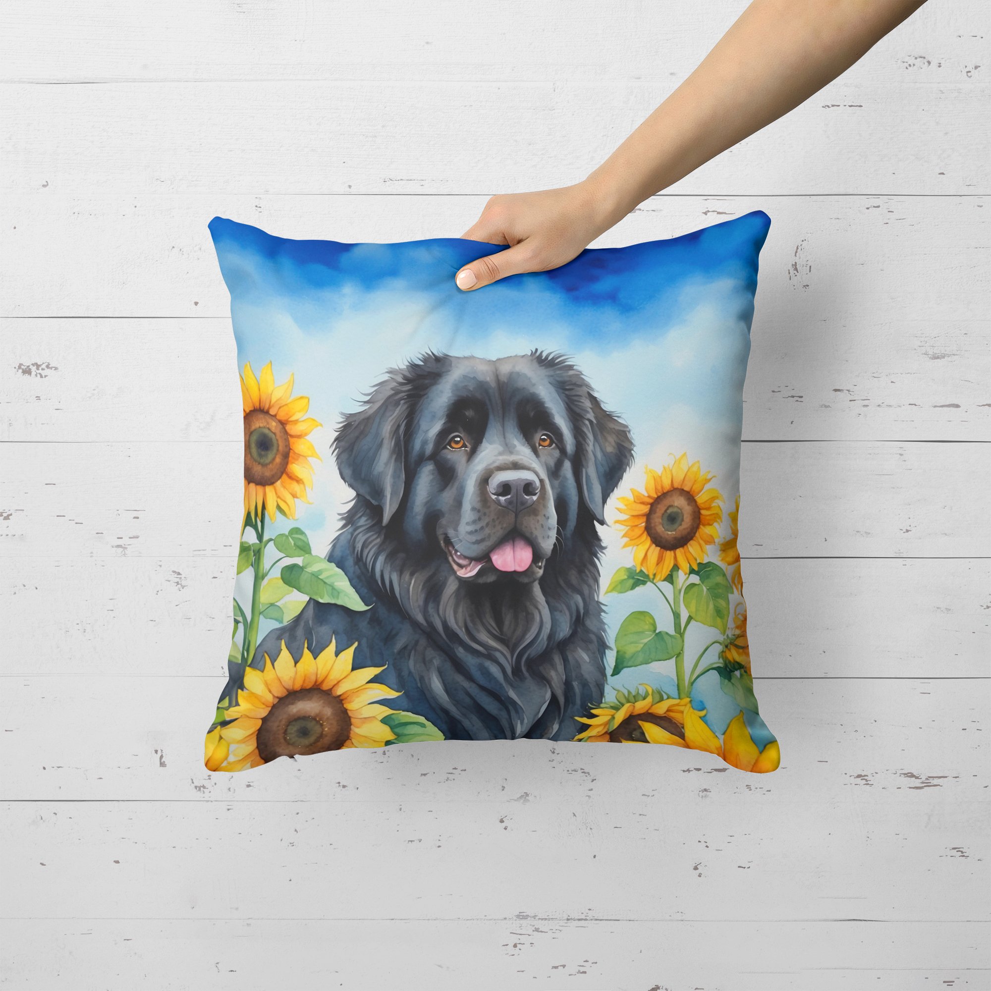 Newfoundland in Sunflowers Throw Pillow 18 in x 18 in