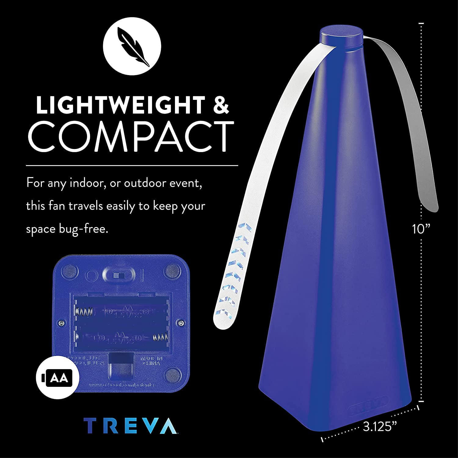Treva Chemical Free Bug Fan Fly Deterrent with Holographic Blades to Clear Bugs, Mosquitoes, and Flies, Battery Powered Fly Fan - Dark Blue
