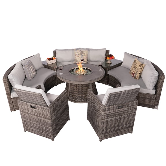 Direct Wicker 8-Piece Patio Conversational Sofa Set with Aluminium Firepit Table & Rattan Chairs - Grey
