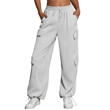 SnnmBlm Women's Baggy Cargo Sweatpants Drawstring High Waisted Y2K Straight Leg Jogger Pants White S