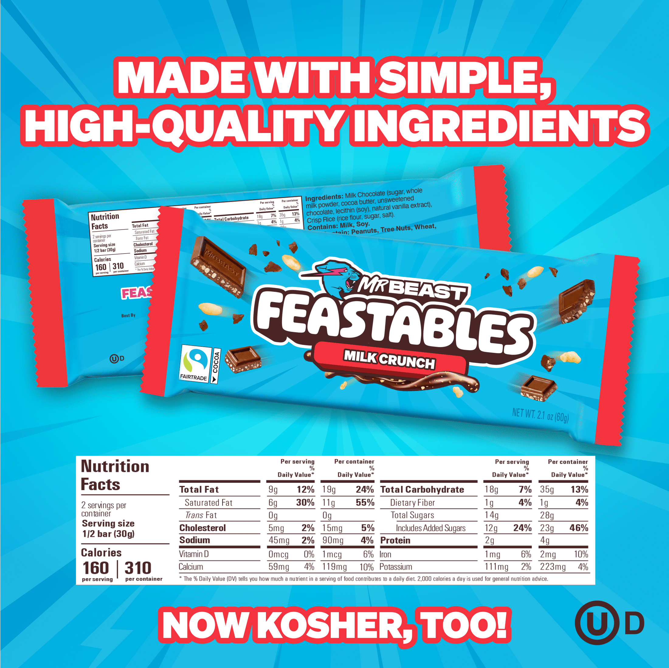(2 pack) Feastables MrBeast Milk Chocolate Crunch Bar, 2.1 oz (60g), 1 Count
