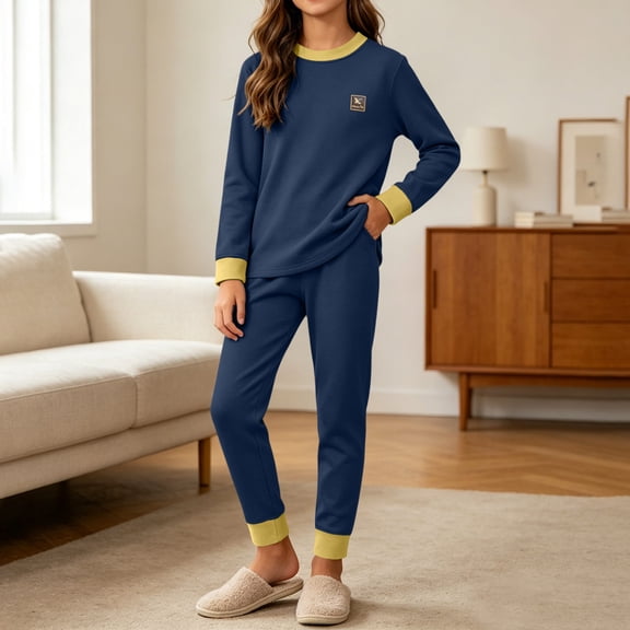 Spazoro Kids Girls Boys 2PC Outfit Sets, Solid Color Loungewear Long Sleeves Soft & Comfy Casual Shirt and Jogger Pants Sets for Fall Winter Navy Size 9-10