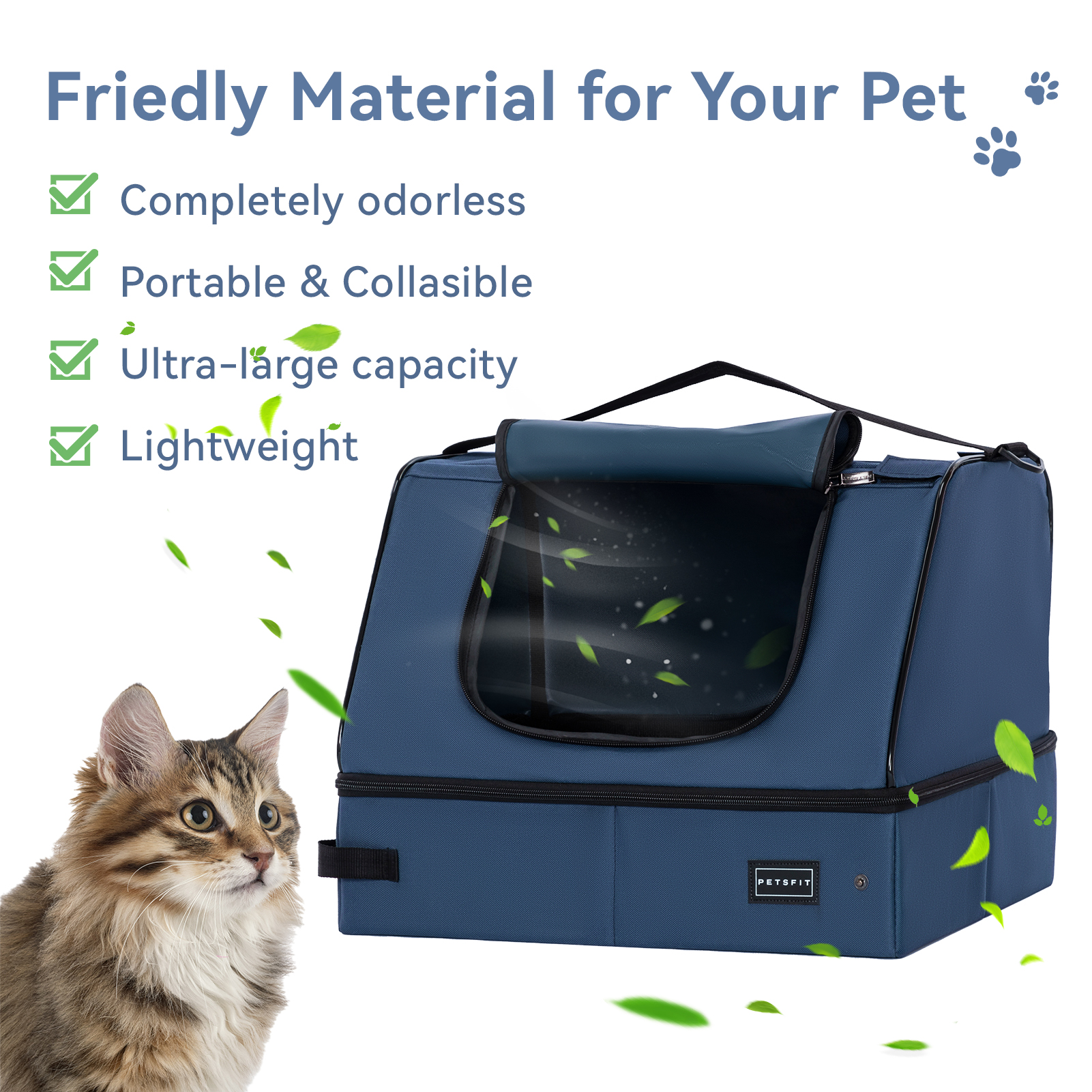 Petsfit Portable Cat Litter Box,Travel Litter Box for Cats,Machine Wash,Leak-Proof, Foldable ,Blue