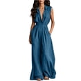thumbnail image 2 of Costeam Womens Sleeveless Collared V Neck Full Length Jumpsuit Dual Side Slip Pockets Drawstring Cinched Elastic High Waist Lightweight Flowey Wide Leg One Piece Casual Outfit, 2 of 7