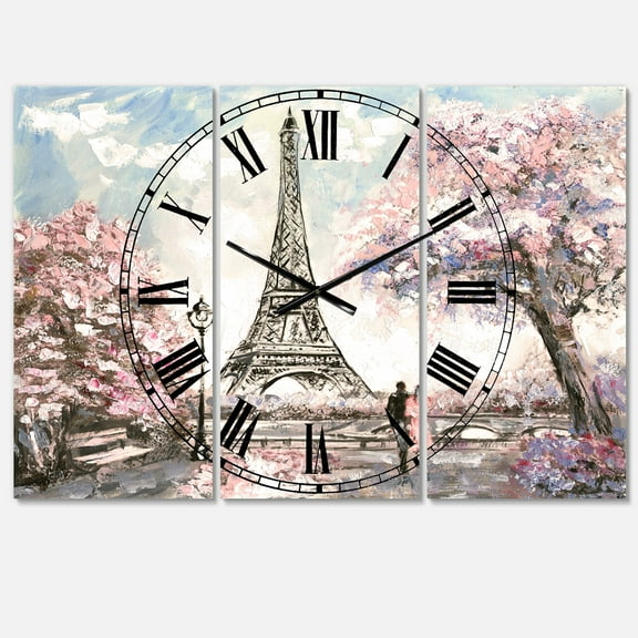 Designart 'Eiffel with Pink Flowers' Mediterranean Wall Clock