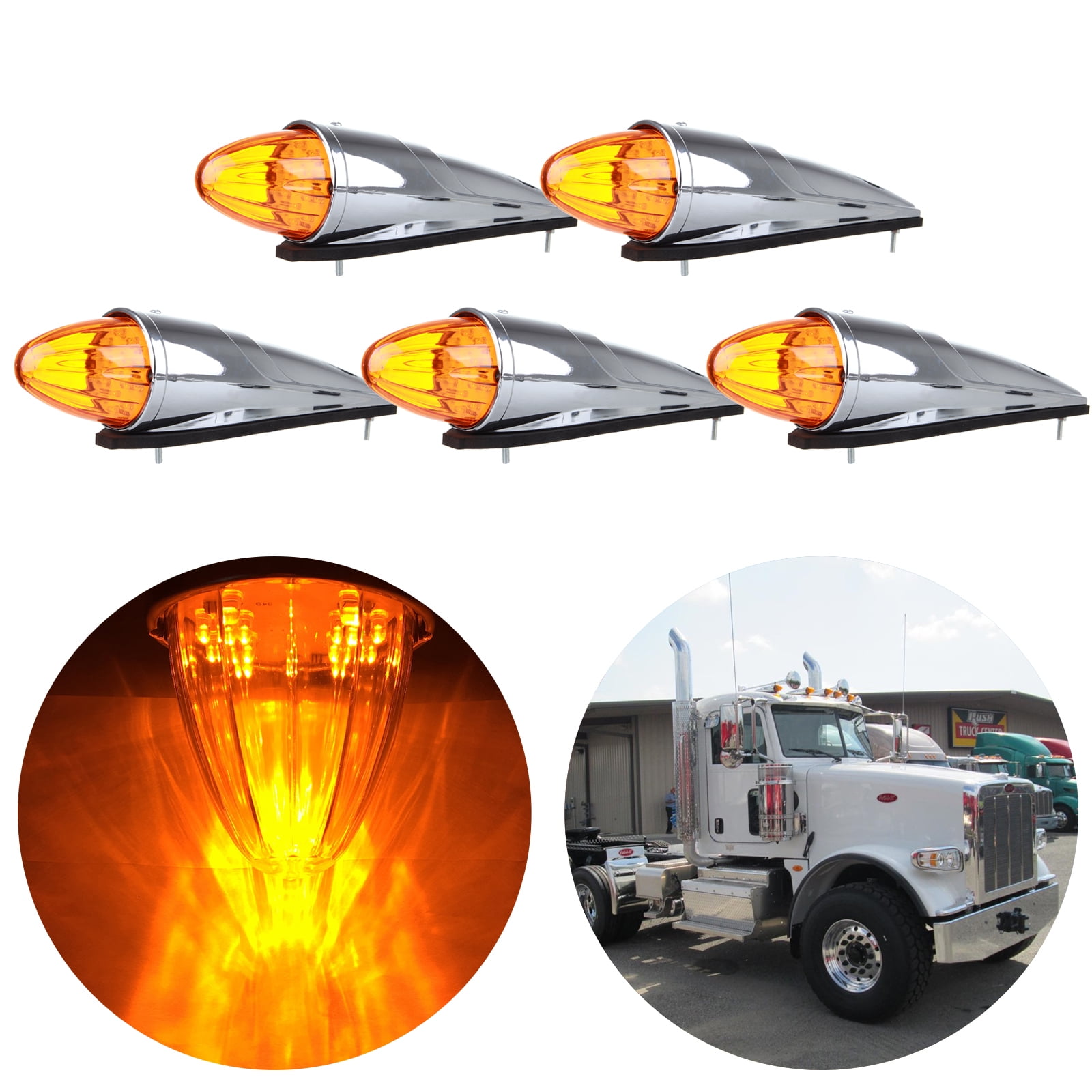 CCIYU Cab Marker Light 5x Amber Chrome Torpedo Top Clear Roof Running