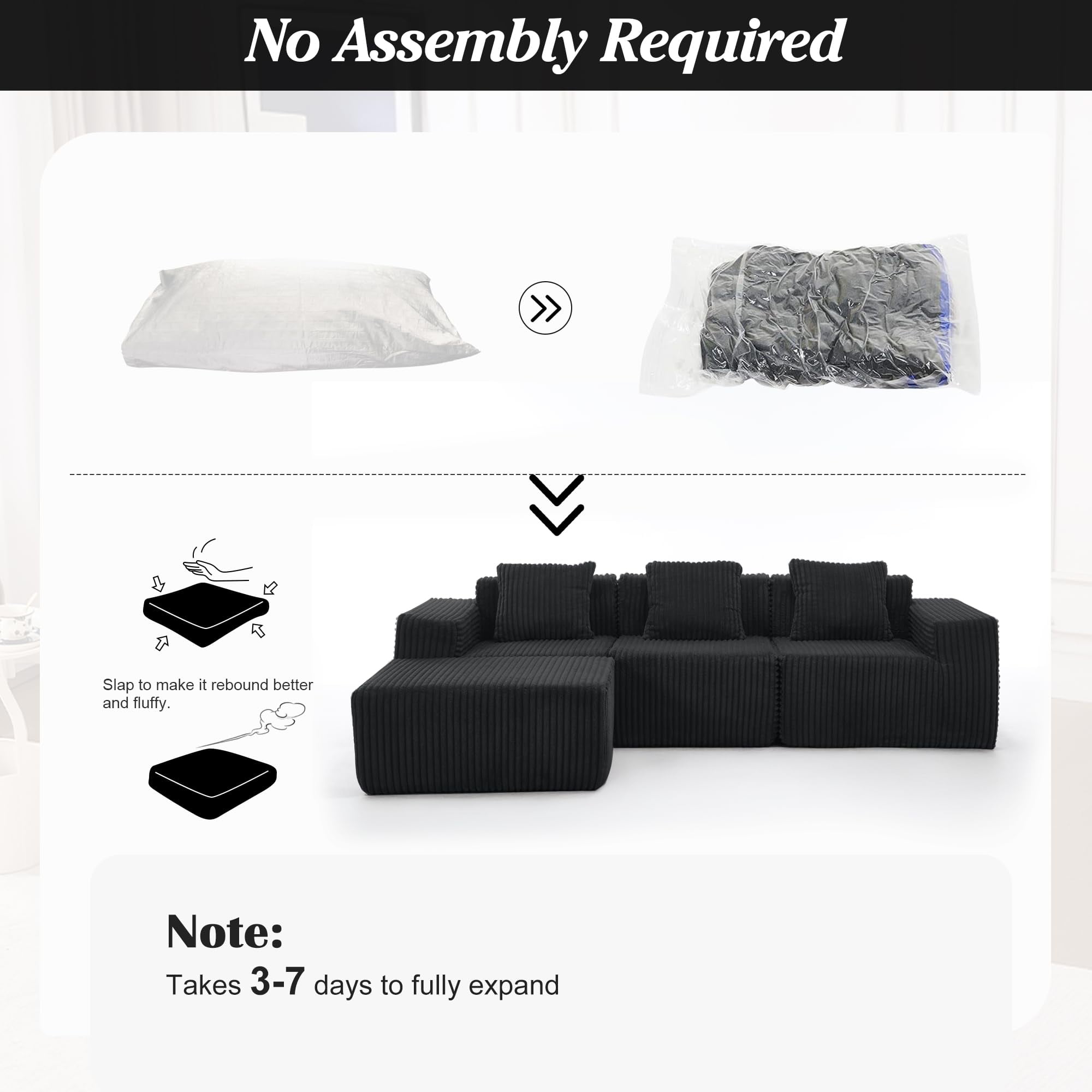 101" Boneless Memory Foam Sectional Sofa, Corduroy Could Modular Sectional Couch, Comfy L Shaped Compression Couches with Chaise for Living Room, No Assembly Required (Black, 101in)