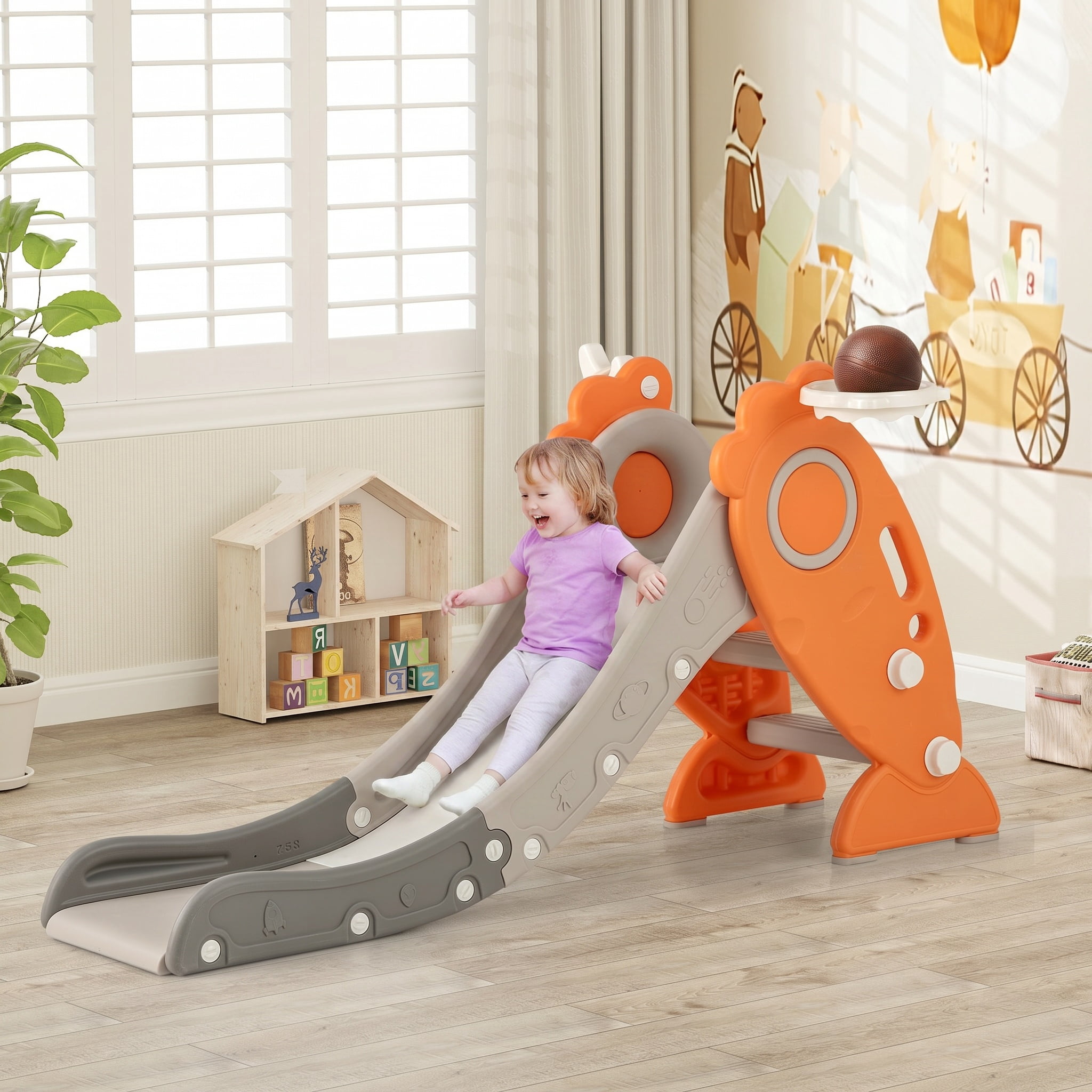 Kadyn Toddler Slide Kids Slide, 4 in 1 Indoor Slide for Kids Age 3+ Years with Basketball Hoop and Rings, Orange