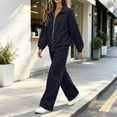 thumbnail image 6 of Women 2 Piece Outfit Set Solid Color Zip up Collared Long Sleeve Top Elastic Waist Wide Leg Pants Loose Casual Tracksuit Loungewear Set with Pockets Dark Blue, 6 of 8