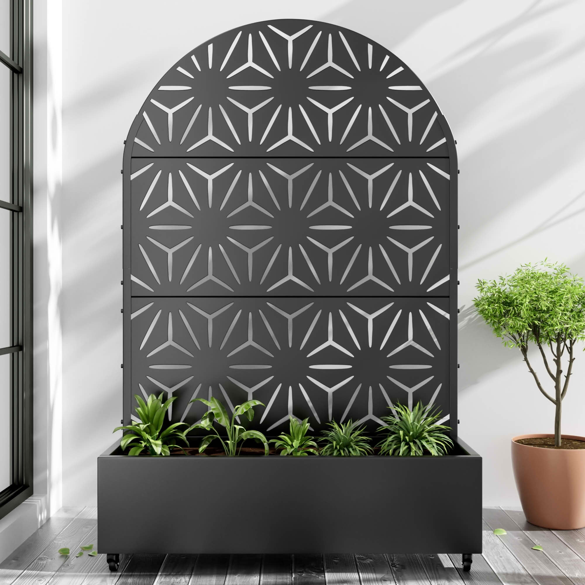MAYEERTY 72x47x16 Inch Black Metal Arched Planter Box with Trellis, 3 Piece Set for Outdoor Garden & Patio