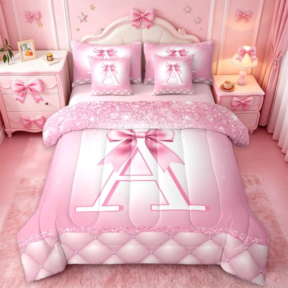 jejeloiu Letter A Monogrammed Twin Bedding Sets 7-Piece,Cute Bow Cowtie Bedding Comforter Set,Pink Glitter Print Sheet Sets For Child,Microfiber Room Decorative Reversible