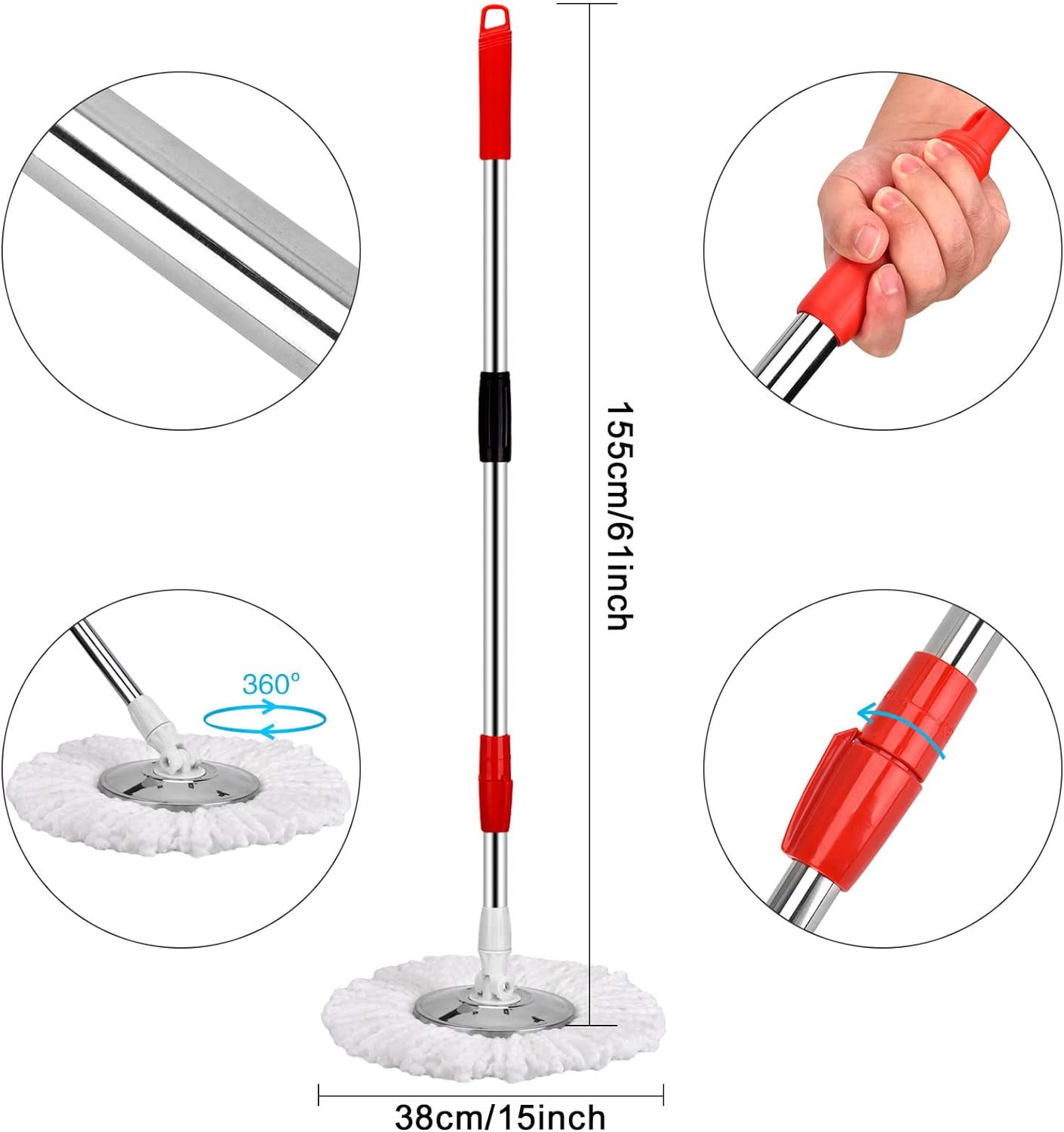 Spin Mop and Bucket with Wringer Set, 360 Spinning Mop Bucket System with 3 Microfiber Mop Replacement Heads and 61" Stainless Steel Adjustable Handle for Floor Cleaning (20QT)