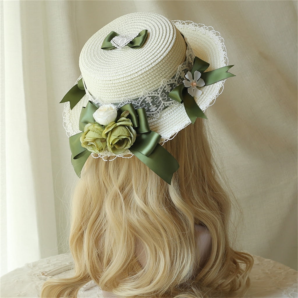lanema Lace Flower Sun Protective Hat for Girls French-Style Bonnet Sweet WovenStraw Cap Wide Brimmed Hat Summer Headdress