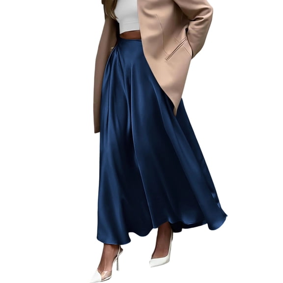 Women'S A-Line Long Maxi Swing Pleated Skirt Dark Blue L