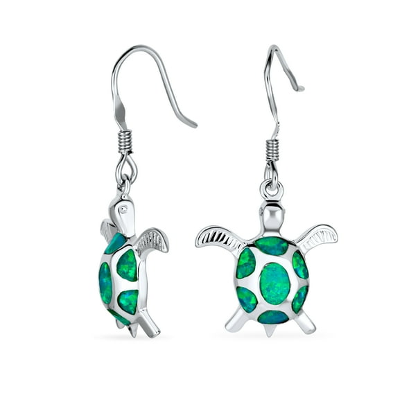 Nautical Aquatic Tropical Beach Vacation Iridescent Green Created Opal Inlay Sea Tortoise Turtle Dangle Drop Earrings for Women Teen .925 Sterling Silver Fish Hook