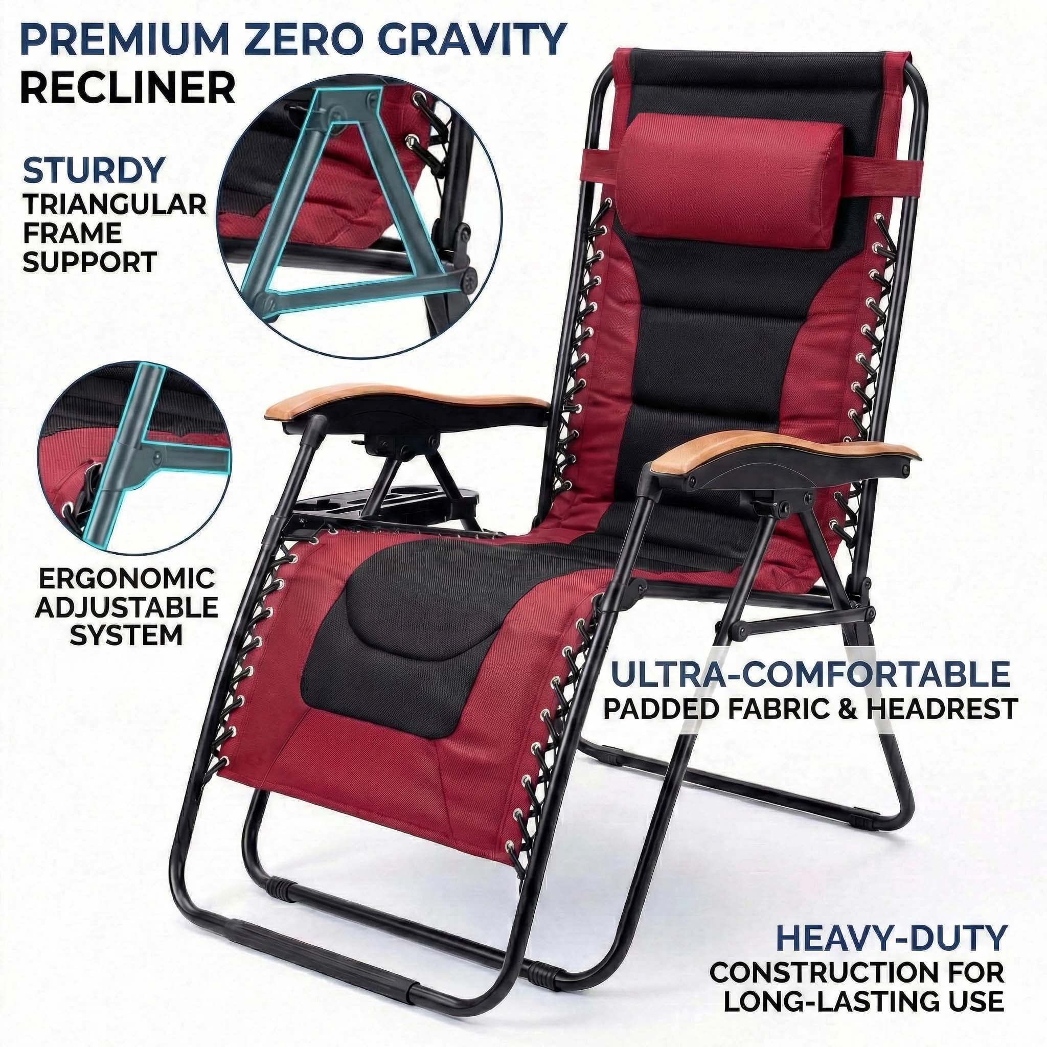 Leumius Zero Gravity Lounge Chair, Oversized Folding Recliner with Adjustable Backrest,Headrest Pillow & Cup Holder for Patio & Lawn,Red