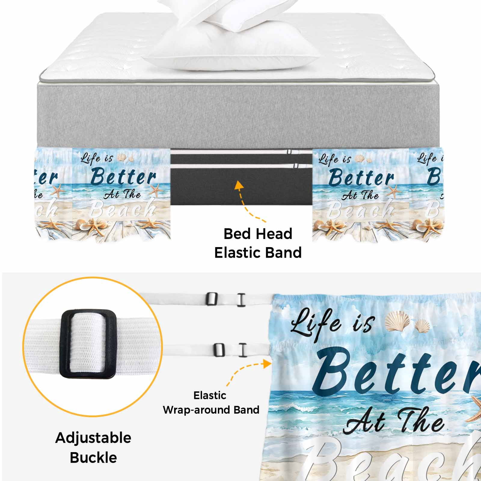 Summer Coastal Beach Bed Skirt Queen Size 16 Inch Drop, Adjustable & Elastic Wrap Around Bed Skirts Pleated Luxury Dust Ruffles For Twin Full Queen Cal King Base Beds, Ocean Wave Starfish Shell