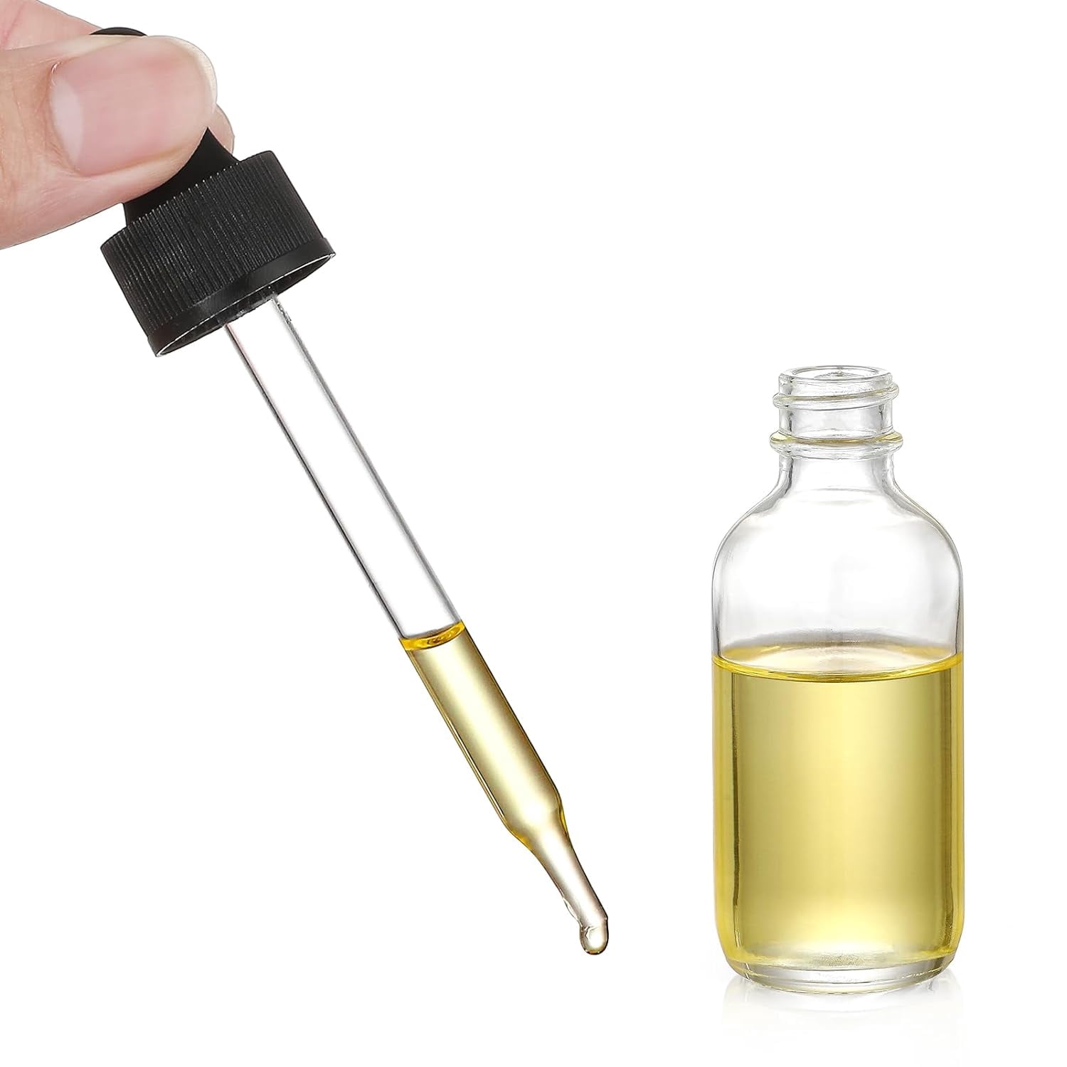 12 Pack, 2oz Glass Eye Dropper Bottles w/3 Stainless Steel Funnels&1 Long Pipette Dropper&24 Labels - 60ml Clear Tincture Bottles for Essential Oils, Liquids-Leakproof Travel Essential Bottles