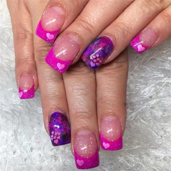 24x Short Square False Nails French Tip Full Covers on Nails Glossy Artificial Nails Valentines Day