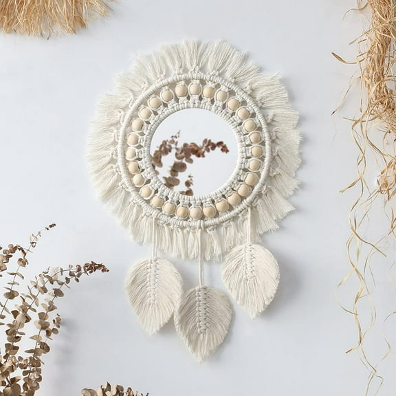 WANDCO Hanging Wall Mirror - Boho Fringe Round Handmade Decorative Acrylic Mirror for Apartment Living Room Bedroom Nursery Home Decor (Leaf)