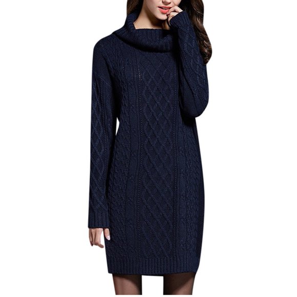 Womens Solid Color High Collar Casual Knit Sweater Dress