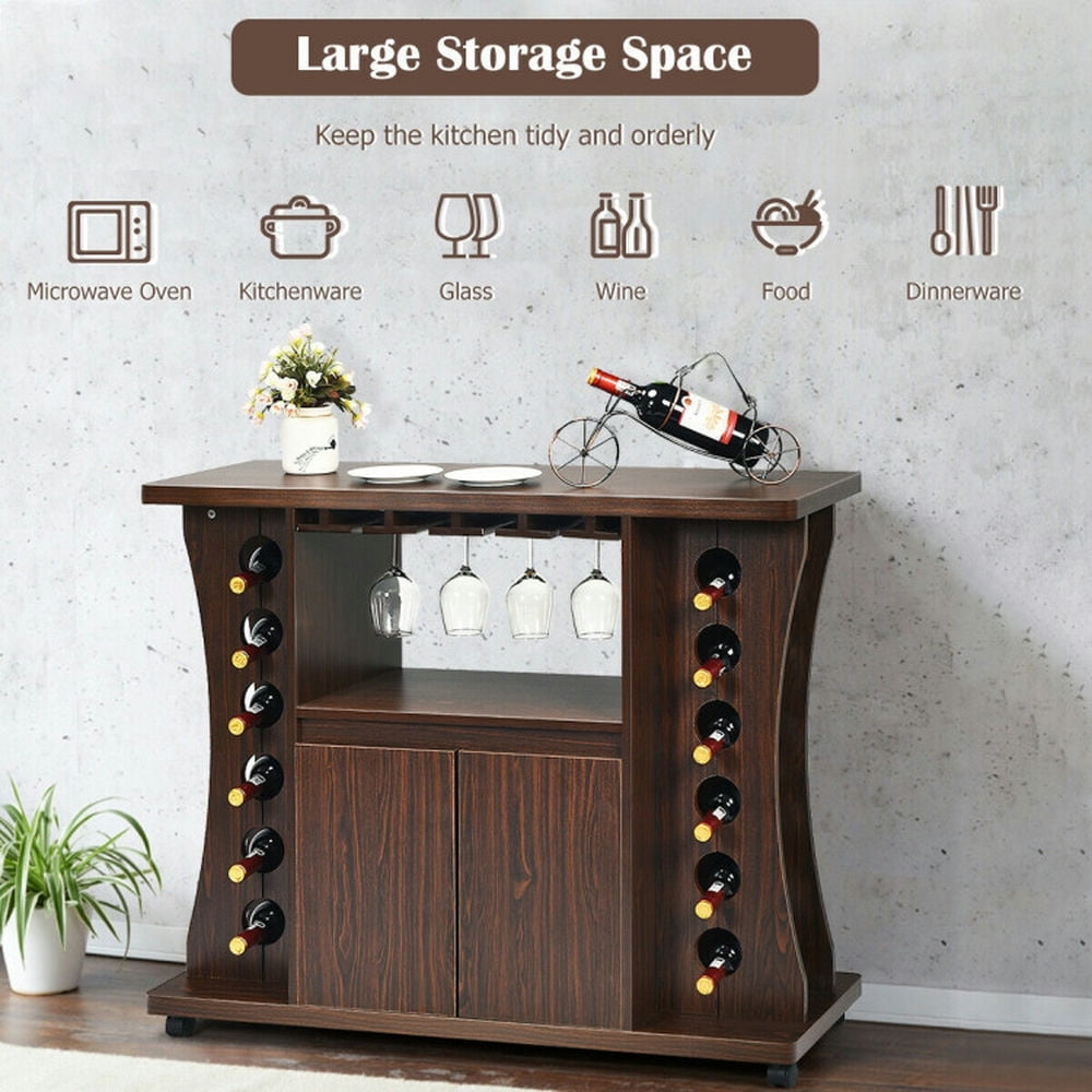 Finihen Rolling Storage Cabinet Cart, Kitchen Island Cart, Rolling Buffet Sideboard Wooden Bar Storage Cabinet, for Kitchen, Dining Room, Walnut Finihen Rolling Storage Cabinet Cart, Kitchen Island Cart, Rolling Buffet Sideboard Wooden Bar Storage Cabinet, for Kitchen, Dining Room, Walnut