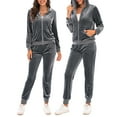 thumbnail image 2 of Honganda Women 2 Pcs Tracksuits Solid Color Zipper Hoodie Sweatshirt and Sweatpants for Activewear Outfits Set, 2 of 7