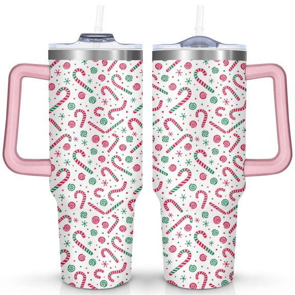 Colorful Red and Green Candy Cane 40 Oz Tumbler with Handle Lid and Straw Stainless Steel Double Walled Vacuum Insulated Cup Merry Christmas Gifts Tumbler for Women Men Friends Outdoor Indoor