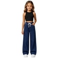 thumbnail image 6 of Falkdiz Denim Pants for Girls Outdoor Drawstring Trousers Solid Color Pantalones Casual Wide Leg Elastic Waist Girls Drawstring Pockets Relaxed fit , Dark Blue , Size: 11, 6 of 8