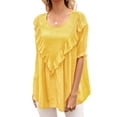 thumbnail image 2 of Camiseta de mujer de manga corta, cuello redondo, camisa con volantes, camiseta suelta de verano, amarillo, L Vogacara AP001237-11, 2 of 7