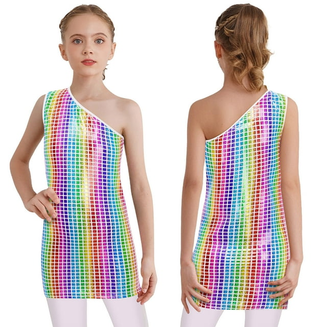 YiZYiF Robe de Danse Jazz Sans Manches pour Filles, une Épaule, Cheerleading, à Carreaux Métalliques, Multicolore 140