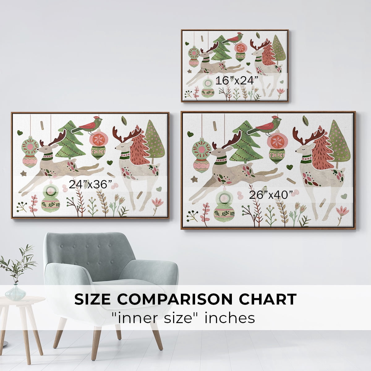 Reindeer Wishes Collection A - Framed Gallery Wrapped Holiday Canvas - 27 x 41 - Rosewood Frame