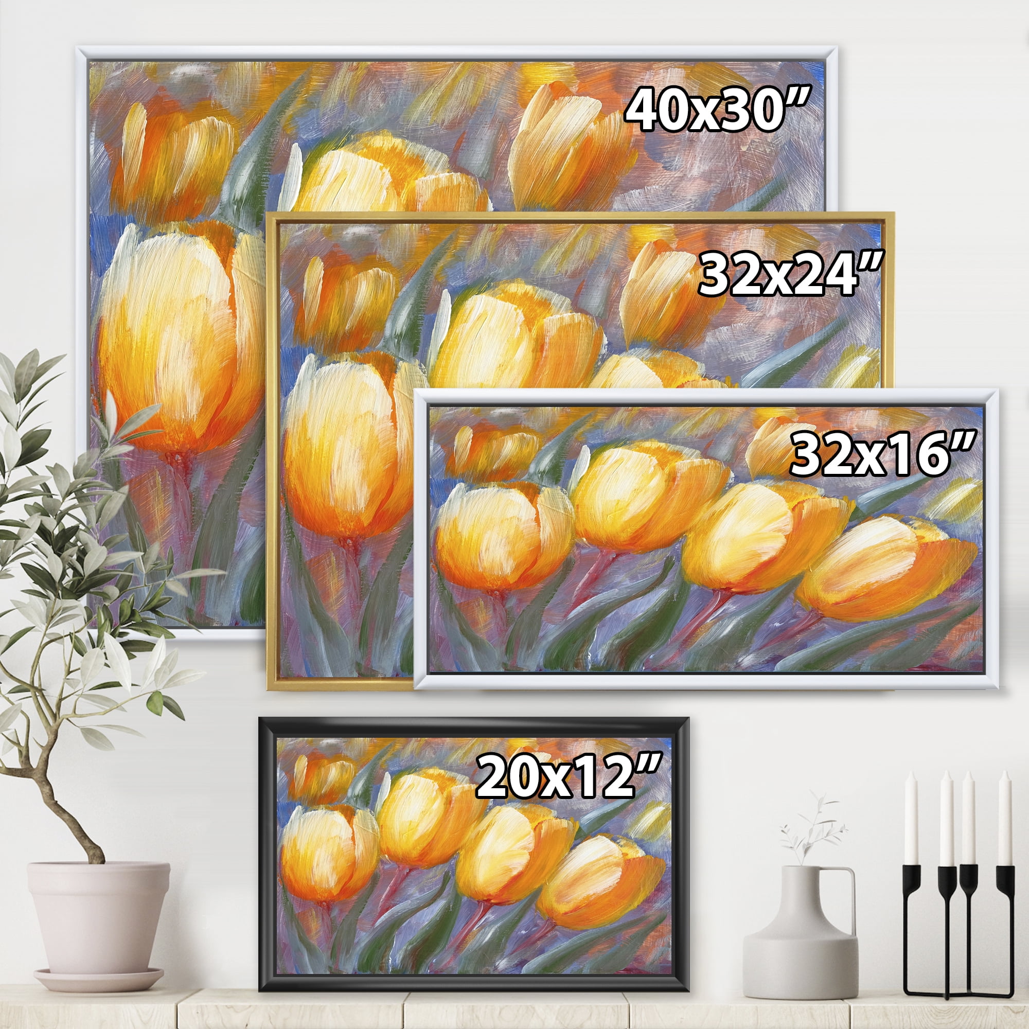 Designart 'Abstract Yellow Blooming Tulips' Traditional Framed Canvas Wall Art Print