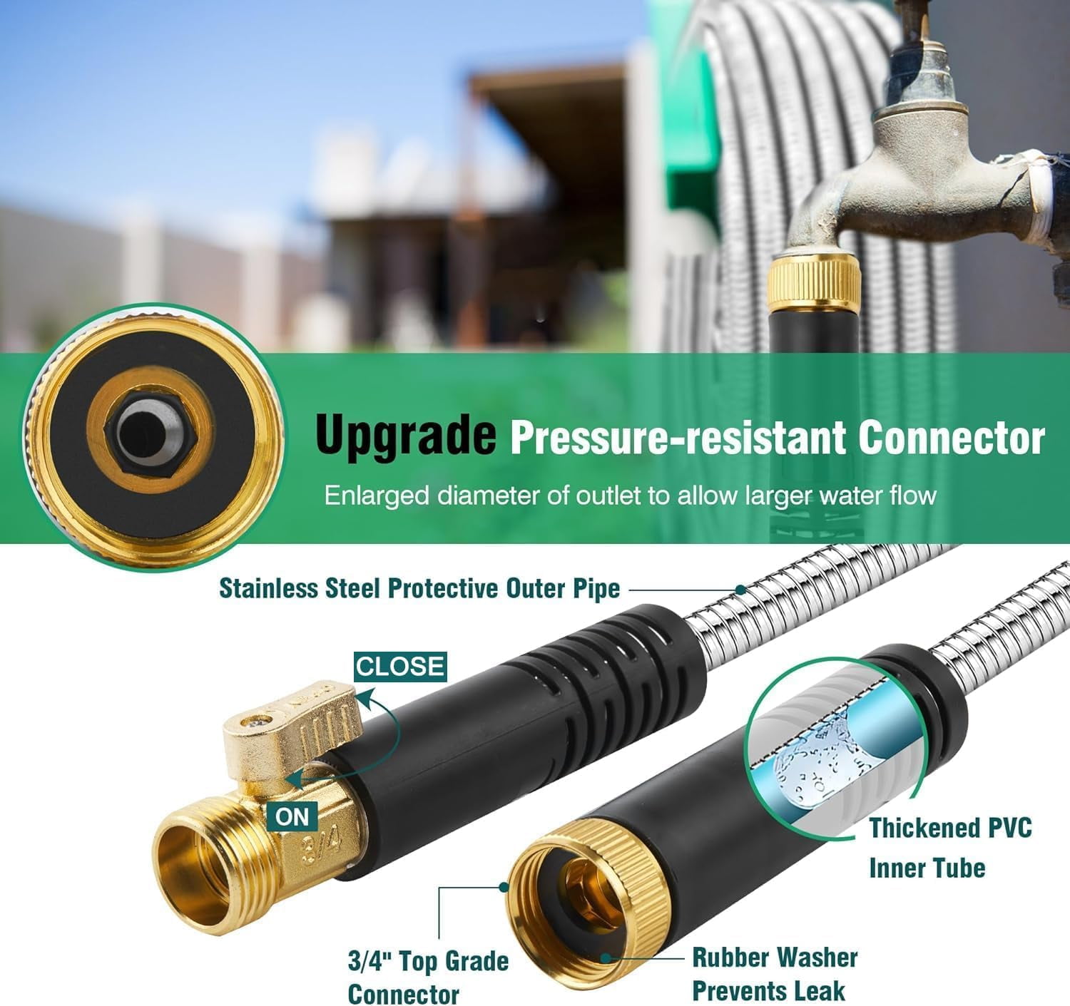 75Ft Metal Garden Hose durable stainless steel Water Hose, flexible, lightweight hose is resistant to kinks and tangles.With 10-way nozzle, strong 3/4” metal fittings, and a Stop Valve.
