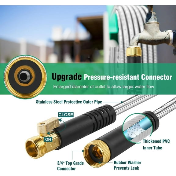 100Ft Metal Garden Hose with 10-Function Nozzle, Kink-Free & Lightweight