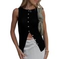 thumbnail image 3 of Women Button Down Vest Ribbed Sleeveless Cardigan Tank Top Y2k Crewneck Slim Fit Knit Vest Tops Going Out Crop Top Black S, 3 of 9