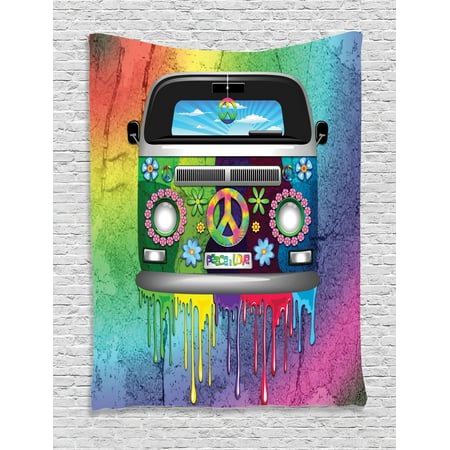 Groovy Decorations Wall Hanging Tapestry, Old Style Hippie Van With Dripping Rainbow Paint Mid 60S Youth Revolution Movement Theme, Bedroom Living Room Dorm Accessories, By Ambesonne