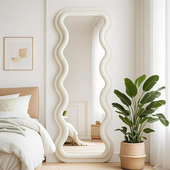Super Store 63"x 24" Wavy Full Length Mirrors,Rectangle Leaning and Standing Full Body,Flannel Wrapped Frame for Dressing Bedroom Living Room,White
