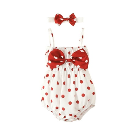 

Canrulo Newborn Baby Girl Summer Sling Jumpsuit Dot Print Sleeveless Front Bowknot Romper + Headband Set Red 3-6 Months