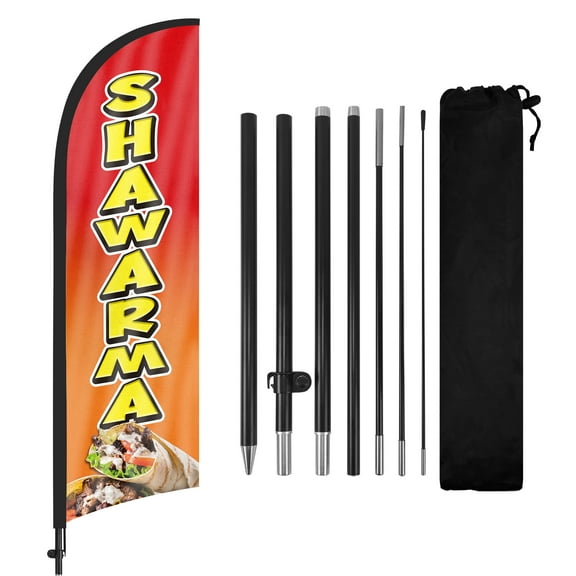 QSUM Shawarma Feather Flag with Flag Pole Kit and Ground Spike, 8.2FT Food Windless Flag Banner Sign Business for Outdoor Advertising Sign Decoration Display