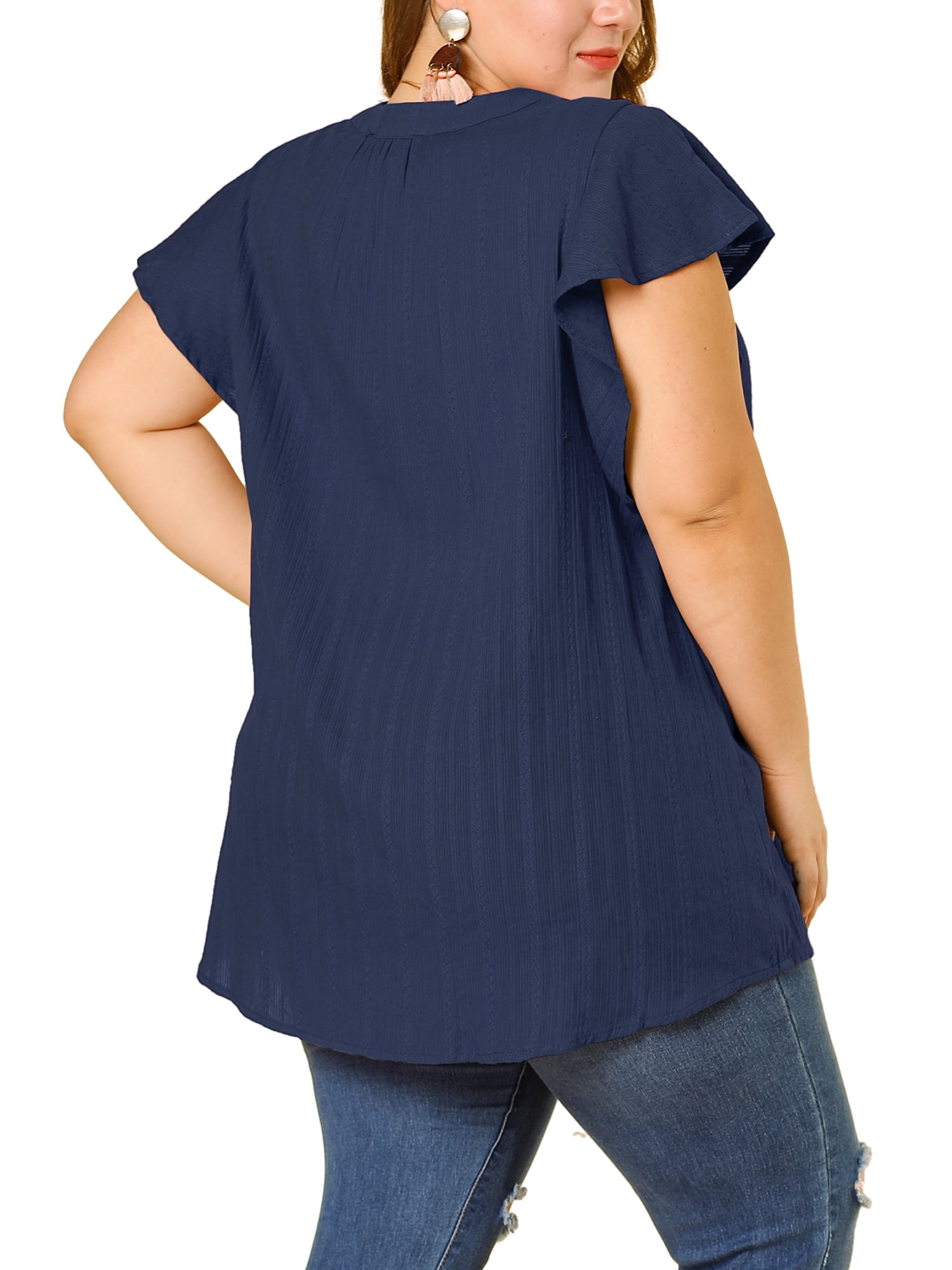 Unique Bargains Women's Plus Drawstring Split V Neck Flutter Sleeve Tunic Top