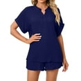 thumbnail image 4 of Hanerdun Women 2PCS Pajamas Sleepwear Female Short Sleeve Top & Shorts Pjs Set Dark Blue S, 4 of 6